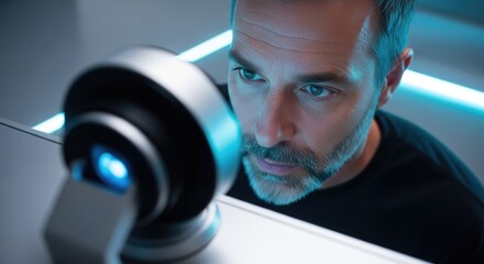 Caucasian mature male undertaking biometric eye scan in futuristic setting