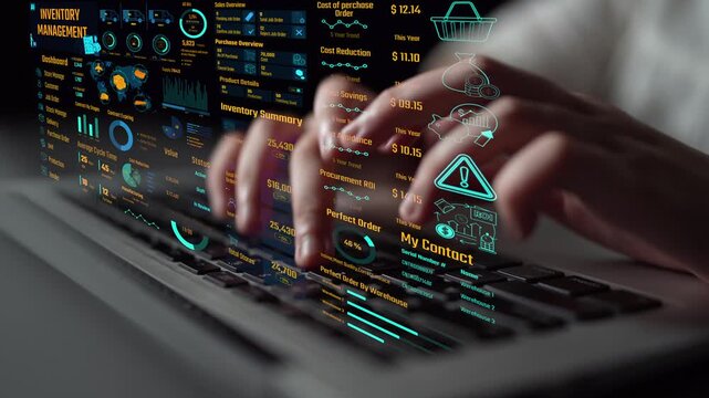Inventory management dashboard showing supply chain performance, stock levels, order cycle times, cost reduction, and procurement ROI. Inventory tracking, and streamline warehouse efficiency. Thunk