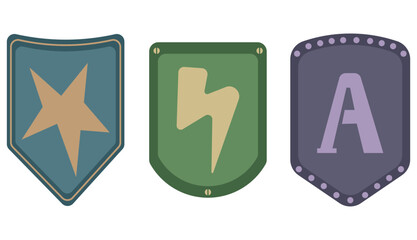 Illustration of three shield-shaped icons with different symbols: star, lightning bolt, and letter "A". Suitable for educational games, achievement badges, app interface, gamification elements.