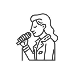 Elegant Line Art of Female Singer with Microphone, Eyes Closed in Joyful Performance, Minimalist Icon