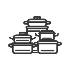 Minimalist Line Art Icon of Three Cooking Pots and Pans Set for Kitchenware and Culinary Design