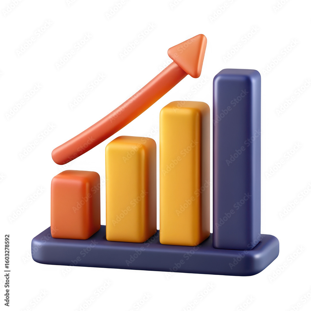 Poster 3d bar graph with arrow on transparent background