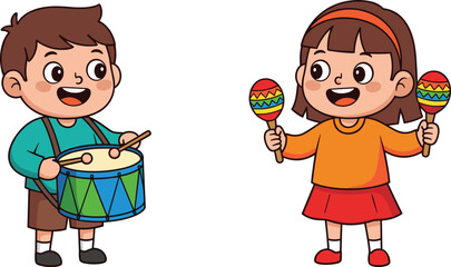 Colorful cartoon children playing drum and maracas, happy music band illustration, cheerful kids in performance, fun educational vector drawing