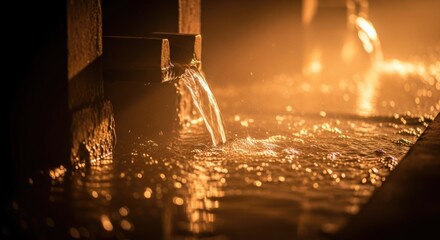 Tranquil sunset water flow in golden light reflecting peaceful ambiance