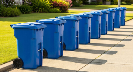 Row of blue trash cans lined up on a sidewalk near green grass and bushes