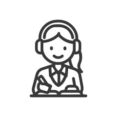 Obraz premium Friendly Female Student with Headphones Taking Notes, Line Art Icon