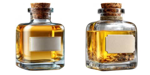 Two square glass bottles with cork stoppers and blank labels filled with golden liquid and decorative elements ready for branding isolated on transparent background