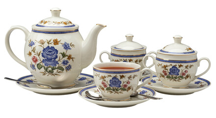 Elegant floral porcelain teapot and matching teacups with floral design isolated on white background perfect for kitchen decor or traditional tea setting

