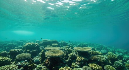 Vibrant underwater coral reef scene in crystal clear ocean waters