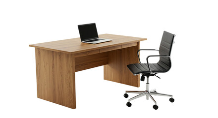 Modern executive office desk and black chair with laptop isolated on white background perfect for professional interior corporate workspace or business setup

