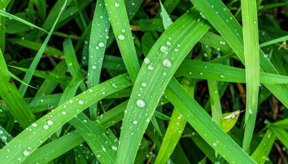 Close Up of Green Grass Blades Covered in Water Droplets on Summer Day