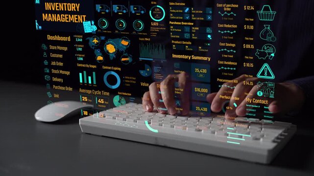 Inventory management dashboard showing supply chain performance, stock levels, order cycle times, cost reduction, and procurement ROI. Inventory tracking, and streamline warehouse efficiency. Thunk
