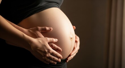Pregnant caucasian female gently holding belly in soft lighting