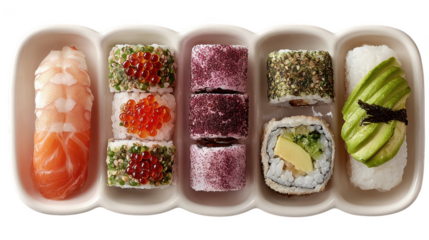 A curated selection of japanese sushi and nigiri including salmon avocado and shrimp on a white tray isolated on transparent background