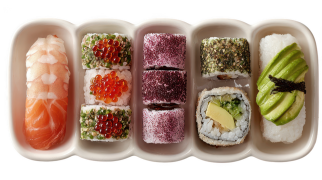 A curated selection of japanese sushi and nigiri including salmon avocado and shrimp on a white tray isolated on transparent background - Powered by Adobe