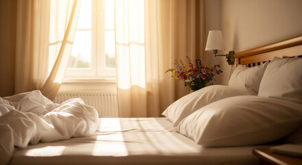 Fototapeta premium Bright bedroom with unmade bed, pillows, lamp, flowers and sunlight through window