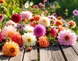 Colorful dahlia blossoms on weathered wooden planks