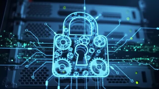 Secure server system with glowing lock and gears