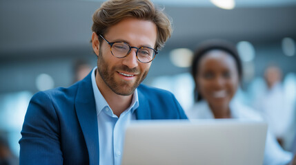 Collaborative Professionals Analyzing Financial Reports in Modern Office