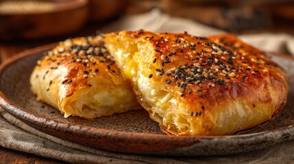 Close-up of a golden, flaky boureka, slightly cracked open to reveal the steaming filling, with sesame or nigella seeds on the crust.