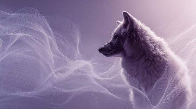 Mystical wolf portrait with ethereal smoke against soft purple background