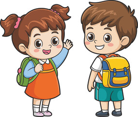 Cute cartoon boy and girl with backpacks, school kids smiling, back to school concept, educational illustration, classroom-ready vector art