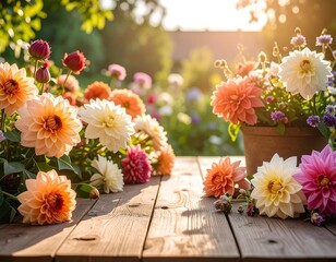 Colorful dahlias on a wooden table in a garden setting at sunset