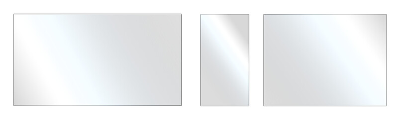 Glossy reflective mirror panels with metallic glare effect. Shiny gradient glass textures, transparent plastic display panel. Ideal for UI design, product display, or tech mockups. Transparent PNG Set