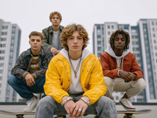 Group of four young male skateboarders posing confidently in urban setting, showcasing vibrant fashion styles and skateboard culture with modern buildings in the background