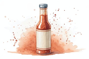 Watercolor clipart illustration of a bottle featuring a smooth red sauce with a plain label and a colorful splash background