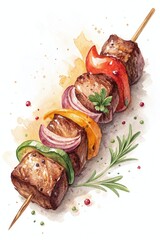 Grilled skewers featuring colorful vegetables and tender meat in a vibrant watercolor illustration