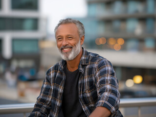 Smiling middle-aged man with a beard, wearing a plaid shirt, sitting outdoors in an urban setting, showcasing a relaxed atmosphere and friendly demeanor, perfect for lifestyle imagery