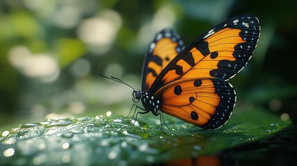Obraz premium A vibrant orange butterfly rests on a dew-kissed leaf.