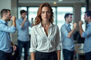 Naklejka premium Empowered Woman Standing Strong in Office Space Amidst Harassment