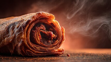 Close-up of jachnun, a Yemenite-Israeli rolled pastry, baked overnight to a deep mahogany color, served with grated tomato and hard-boiled egg.