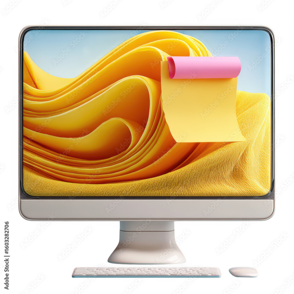 Fototapete Modern computer monitor displaying a vibrant yellow abstract wallpaper with a pink sticky note attached to the screen isolated on transparent background