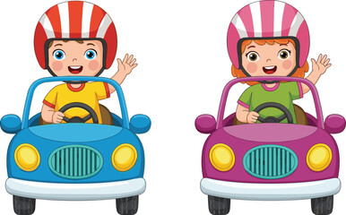 Cute cartoon kids driving colorful toy cars, wearing safety helmets, waving hands, joyful illustration, perfect for educational children's products