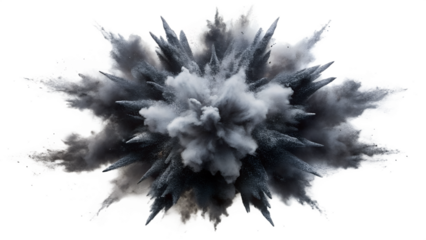 Photo of a dramatic explosion of dark gray powder erupts outwards in a starburst pattern against a transparent background symbolizing energy and impact