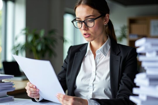 Focused young woman in stylish outfit and glasses amidst stacks of medical billing codes and paperwork in modern office setting