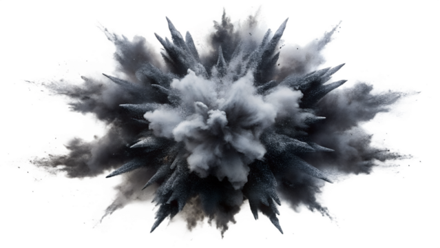 Photo of a dramatic explosion of dark gray powder erupts outwards in a starburst pattern against a transparent background symbolizing energy and impact