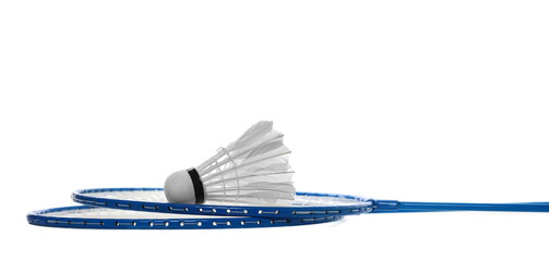 Badminton racket and ball isolated on white background, clipping path