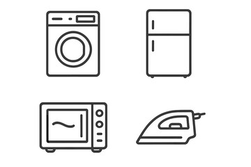 Minimalist Household Appliances Icon Set – Washing Machine, Refrigerator, Microwave Oven, Electric Iron, Modern Kitchen Line Art, Domestic Electronic Devices, Appliance Outline Collection