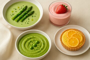 Assorted soups and desserts served in elegant bowls on countertop  