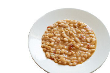 beans cooked with vegetables, on a white plate, transparent background.