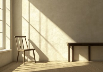 Obraz premium Simple room, sunlight, shadows, chair, table