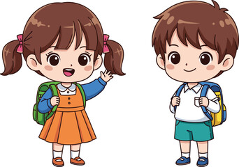 Cute cartoon school kids wearing backpacks, smiling boy and girl characters, educational concept illustration, happy students, classroom-ready vector drawing