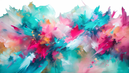 Photo of a vibrant abstract explosion of pink teal and gold paint splatters creating a dynamic and energetic artistic background isolated on transparent background