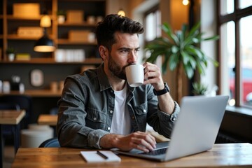 Man Relaxing in Coffee Shop with Laptop and Latte, Contemplating Digital Calendar