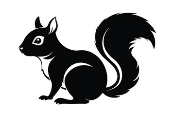 Black Squirrel Silhouette with Bushy Tail Isolated, Side View, Standing Still, Rodent