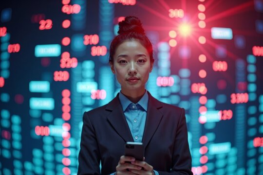 A Business Analyst Woman Immersed in a Futuristic World of Floating Medical Bill Codes and Spreadsheet Data, Symbolizing the Intricacies of Healthcare Financial Analysis